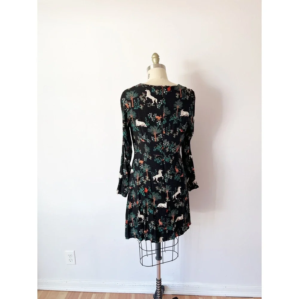 Modcloth Sugarhill Mini Dress Black Unicorn Woodland Print Long Sleeve Whimsical - Picture 6 of 9